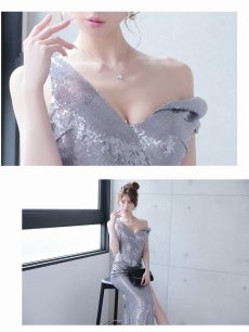 画像3: キャバドレス ロング ロング スパンコール ワンショルダー 深スリット タイト Belsia(M/L)(グレー) (3)