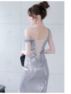 画像4: キャバドレス ロング ロング スパンコール ワンショルダー 深スリット タイト Belsia(M/L)(グレー) (4)