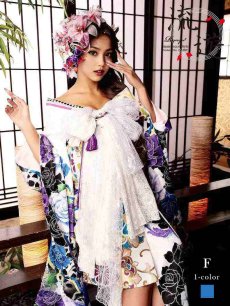 画像1: 着物 花魁 着物 和柄 振袖 薔薇 流遊(フリーサイズ)(ブルー) (1)