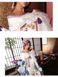 画像5: 着物 花魁 着物 和柄 振袖 薔薇 流遊(フリーサイズ)(ブルー) (5)