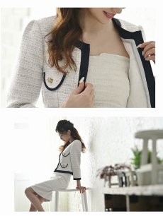画像3: ツイードスーツ 膝丈 ノーカラージャケット フォーマルスーツ ブルー Belsia(S/M/L/XL)(ブラック/ブルー/ピンク) (3)