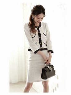 画像4: ツイードスーツ 膝丈 ノーカラージャケット フォーマルスーツ ブルー Belsia(S/M/L/XL)(ブラック/ブルー/ピンク) (4)