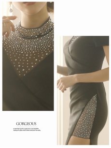 画像4: 半袖 ロング ハイネック カシュクール ラインストーン Belsia(S/M/L)(ブラック) (4)
