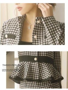 画像3: 千鳥柄スーツ タイト ペプラム ツイード スタンドカラージャケット Belsia(S/M/L/XL)(ブラック) (3)