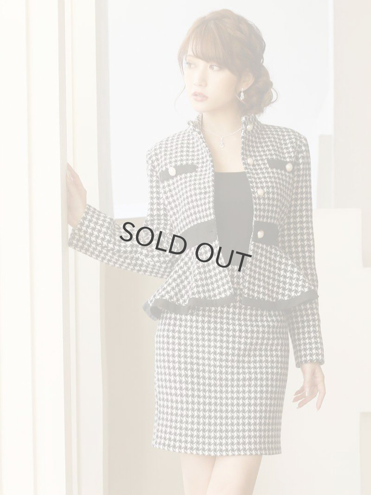 画像4: 千鳥柄スーツ タイト ペプラム ツイード スタンドカラージャケット Belsia(S/M/L/XL)(ブラック) (4)