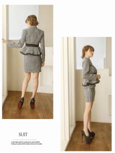 画像5: 千鳥柄スーツ タイト ペプラム ツイード スタンドカラージャケット Belsia(S/M/L/XL)(ブラック) (5)