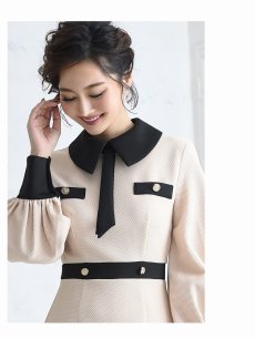 画像3: 襟付き ネクタイ風 Aライン 長袖 フォーマル Belsia(S/M/L)(ベージュ) (3)