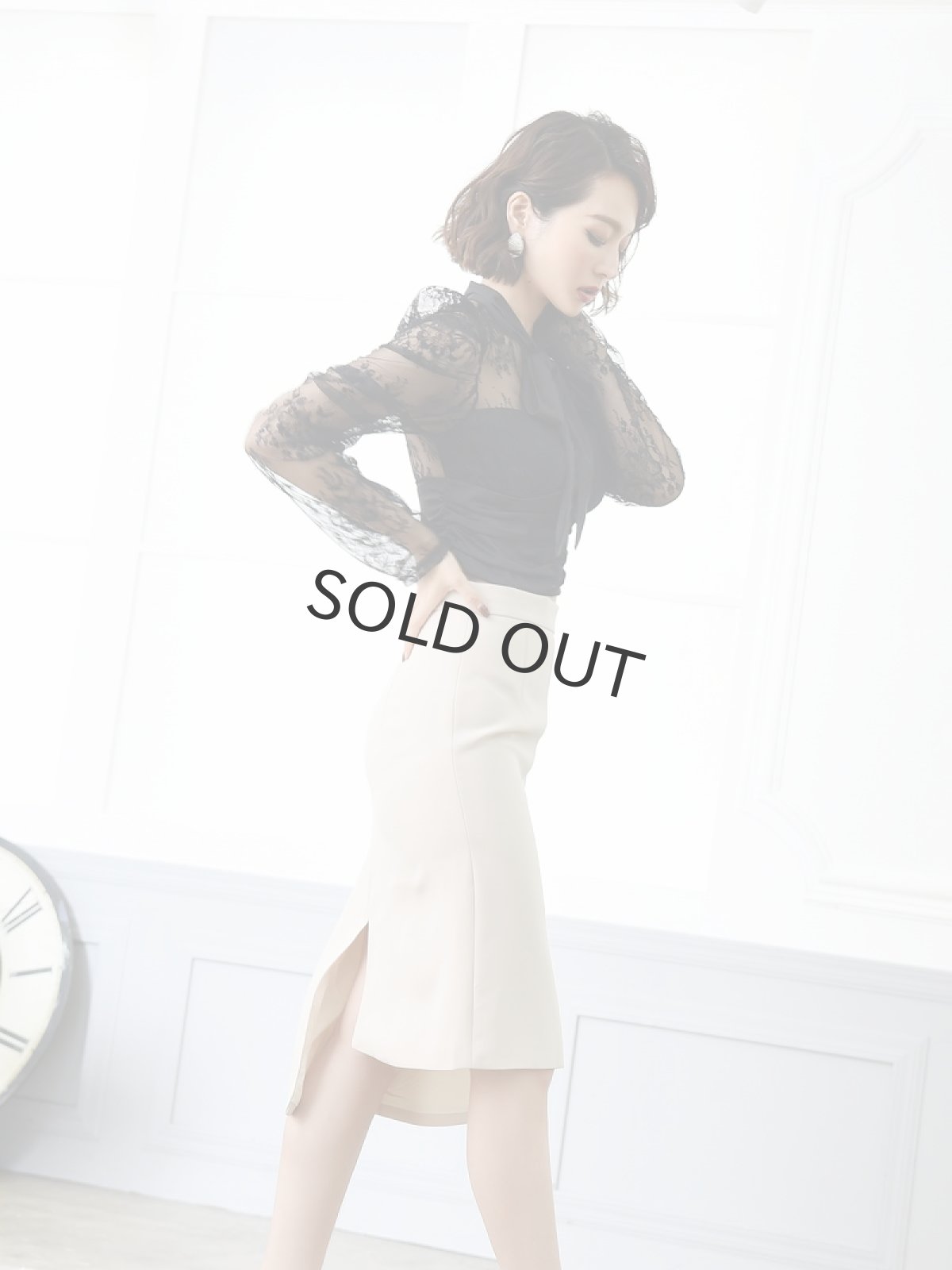 画像4: セットアップ ボウタイリボン レース 高級 ラウンジドレス Belsia(S/M/L)(ブラック×ベージュ/ホワイト×ブラック) (4)