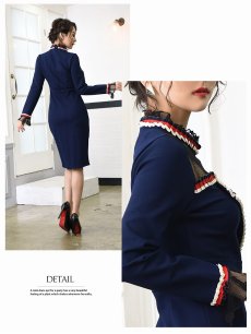 画像4: パイピング 袖付き キャバドレス スリット ハイネック Belsia(S/M/L)(ネイビー) (4)