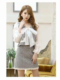 画像5: 【Belsia】ツイードボウタイリボンキャバクラドレス シースルー長袖セットアップドレス【ベルシア】(S/M)(ブラック) (5)