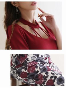 画像3: 花柄  バイカラー ハイウエスト ストレッチ 袖付き Belsia(S/M/L)(ネイビー/ワイン) (3)