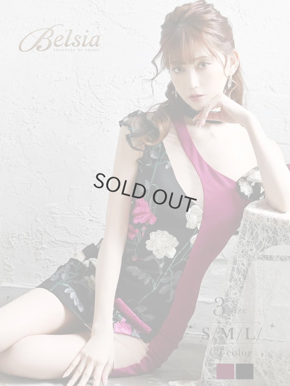 画像1: キャバドレス ミニ ワインレッド 花柄 袖付き ワンショルダー ホルターネック Belsia(S/M/L)(ブラック×ワイン/ピンク×ブラック) (1)