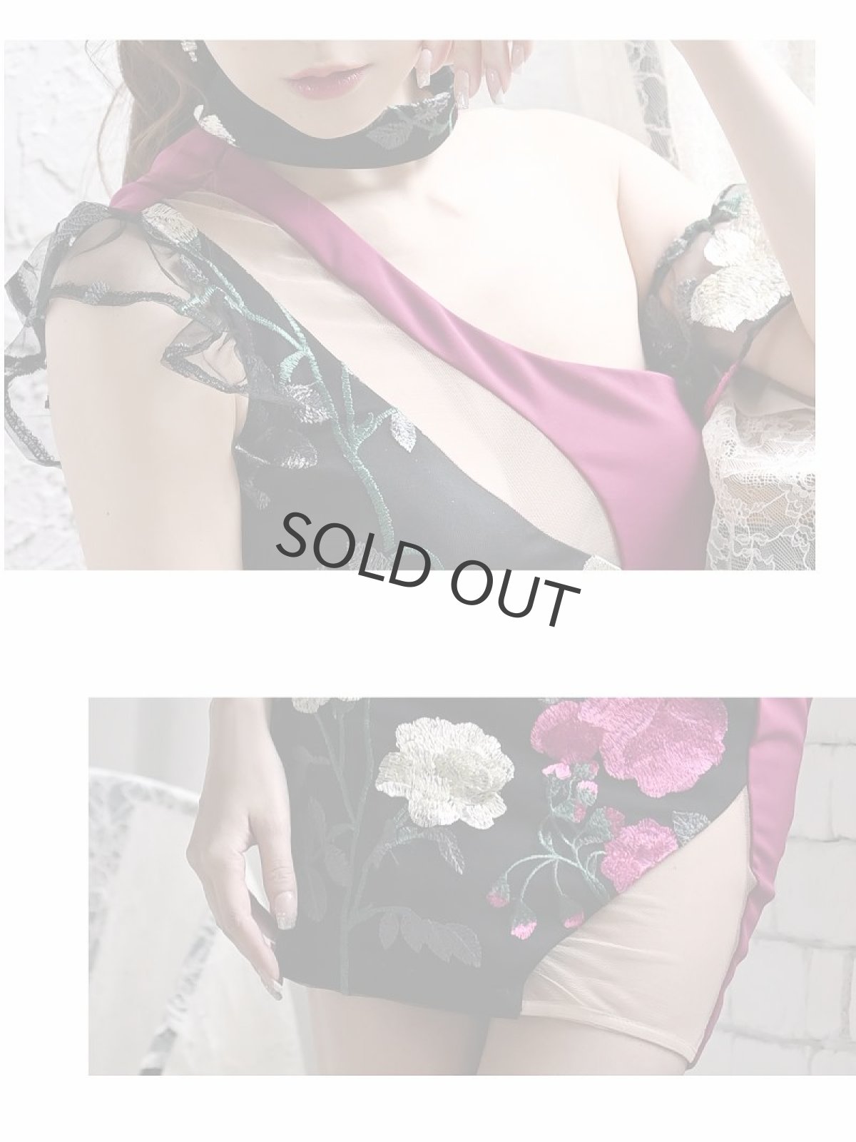 画像3: キャバドレス ミニ ワインレッド 花柄 袖付き ワンショルダー ホルターネック Belsia(S/M/L)(ブラック×ワイン/ピンク×ブラック) (3)