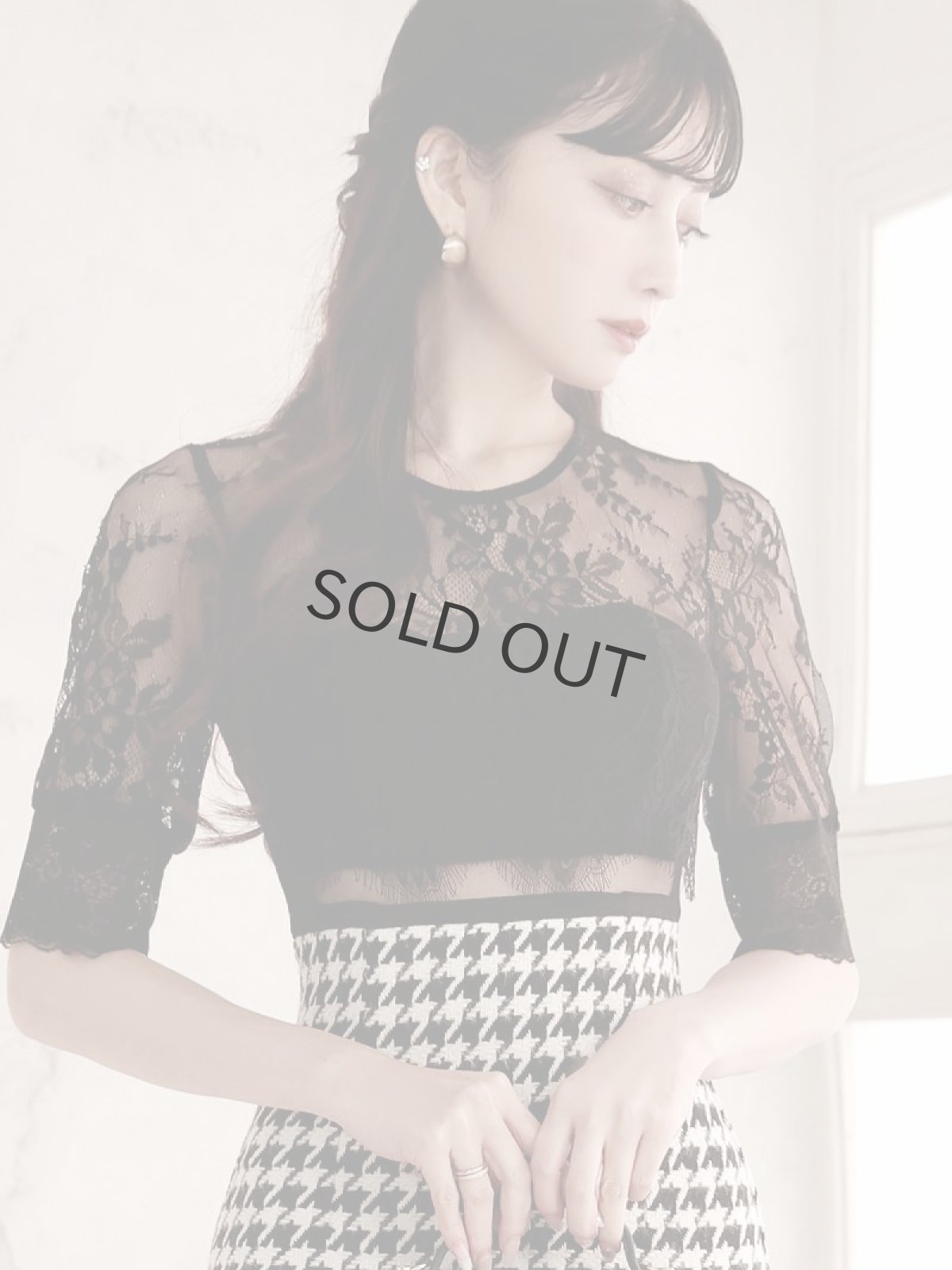 画像3: 千鳥柄 シアー ビスチェ風 レース 五分袖 Belsia(S/M/L)(ブラック) (3)