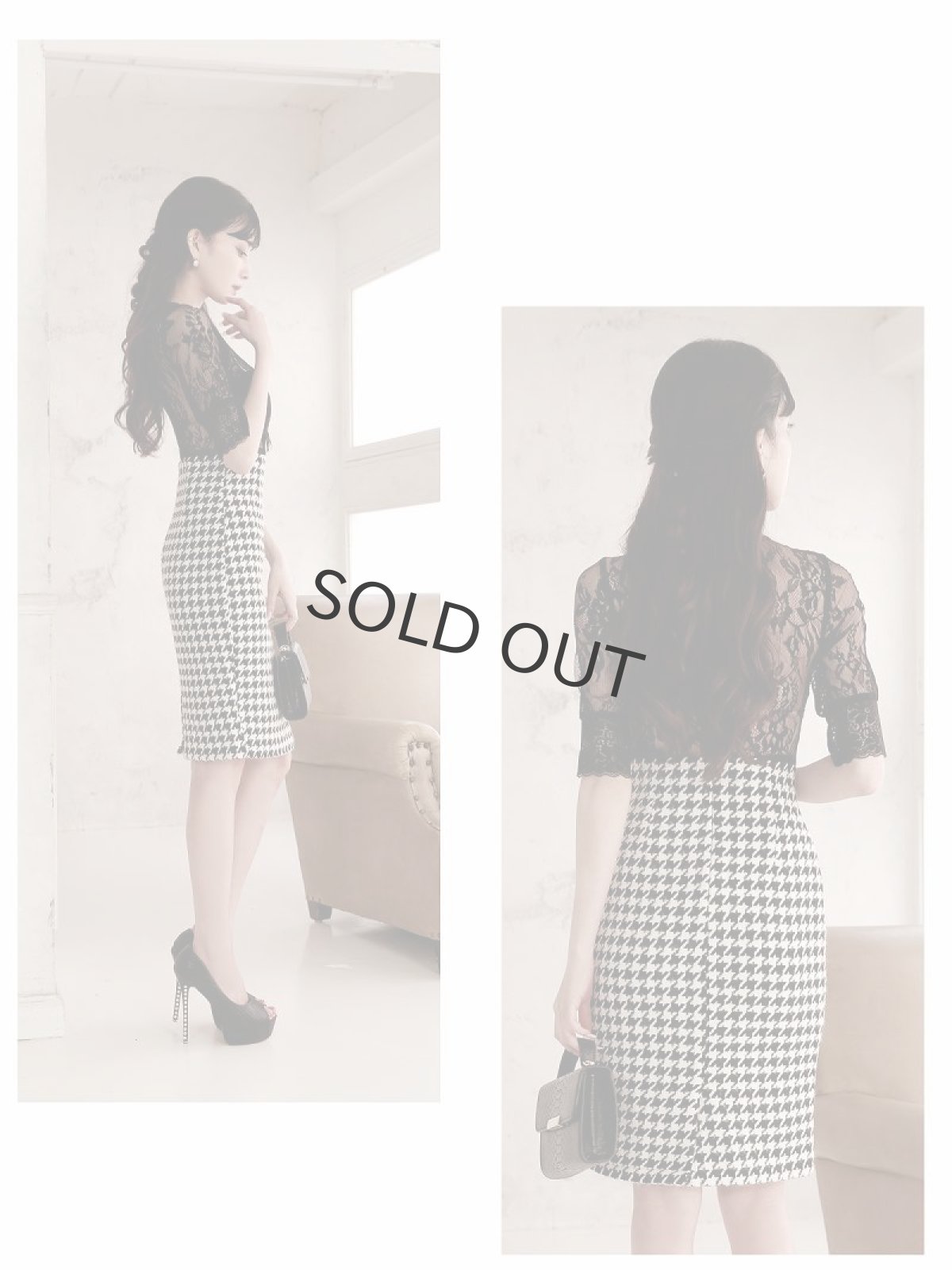 画像4: 千鳥柄 シアー ビスチェ風 レース 五分袖 Belsia(S/M/L)(ブラック) (4)