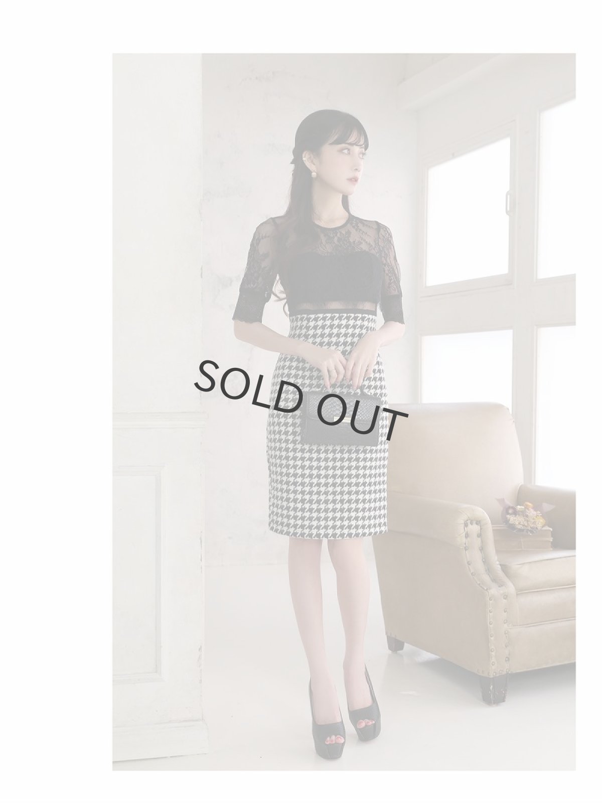 画像5: 千鳥柄 シアー ビスチェ風 レース 五分袖 Belsia(S/M/L)(ブラック) (5)