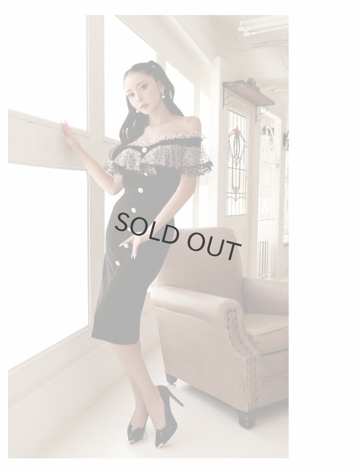 画像5: ワンピース キャバドレス オフショルダー ドットチュール ガーリーレトロ ミディ丈 DaysPiece(M/L)(ブラック) (5)