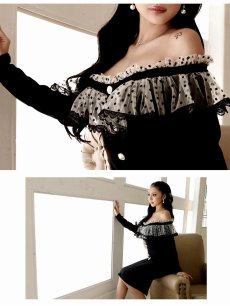 画像5: ワンピース キャバドレス オフショルダー ドットチュール ガーリーレトロ ミディ丈 長袖 DaysPiece(M/L)(ブラック) (5)