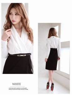 画像3: カシュクール ショールカラー バイカラー 長袖 膝丈 Belsia(M/L)(ホワイト/レッド) (3)