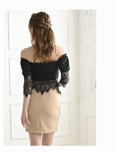 画像5: オフショル レース へそ出し ミニ丈 七分袖 Belsia(S/M/L)(ブラック×ベージュ/ホワイト×ブラック) (5)