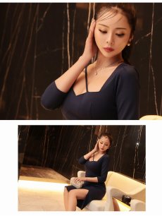 画像5: ワンピース キャバドレス シャーリング アシンメトリー ワンカラー 五分袖 ストレッチ DaysPiece(S/M/L/XL)(ネイビー) (5)