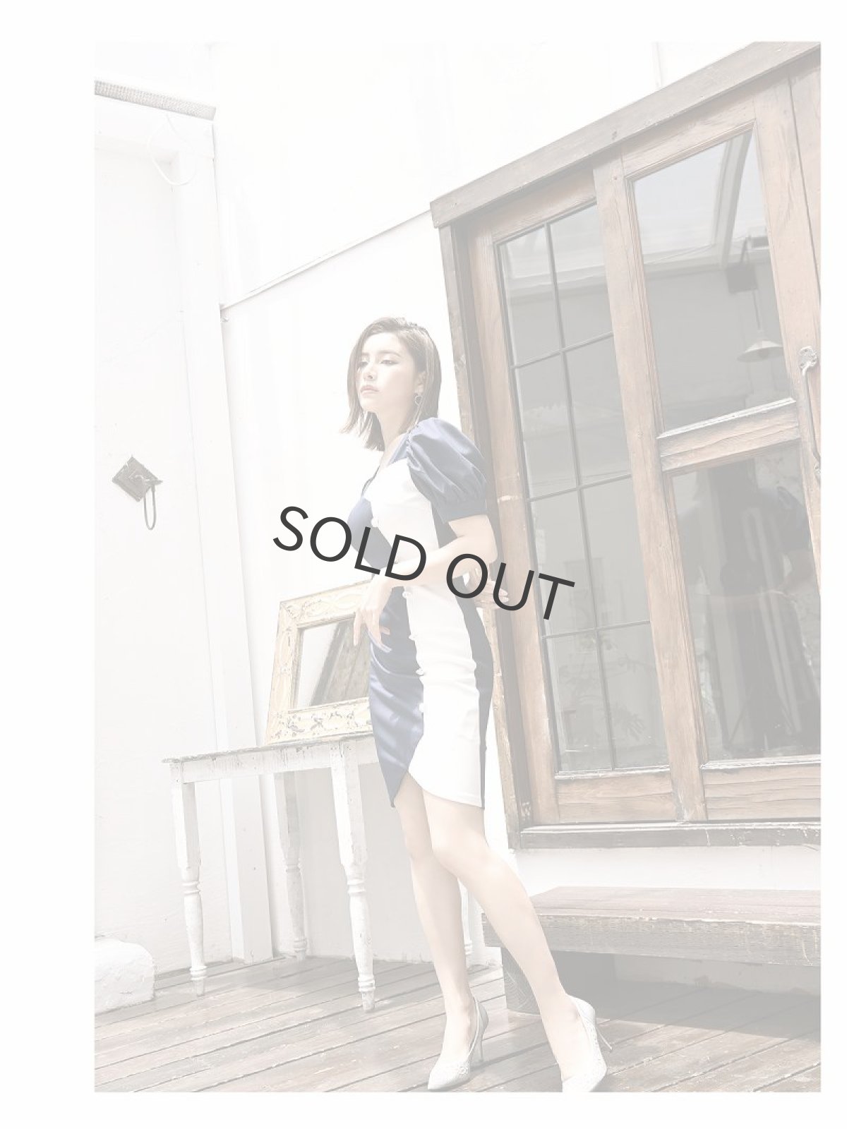 画像3: バイカラー 膝丈 パフスリーブ 韓国風 ストレッチ DaysPiece(S/M/L)(ネイビー/グレー/グリーン) (3)