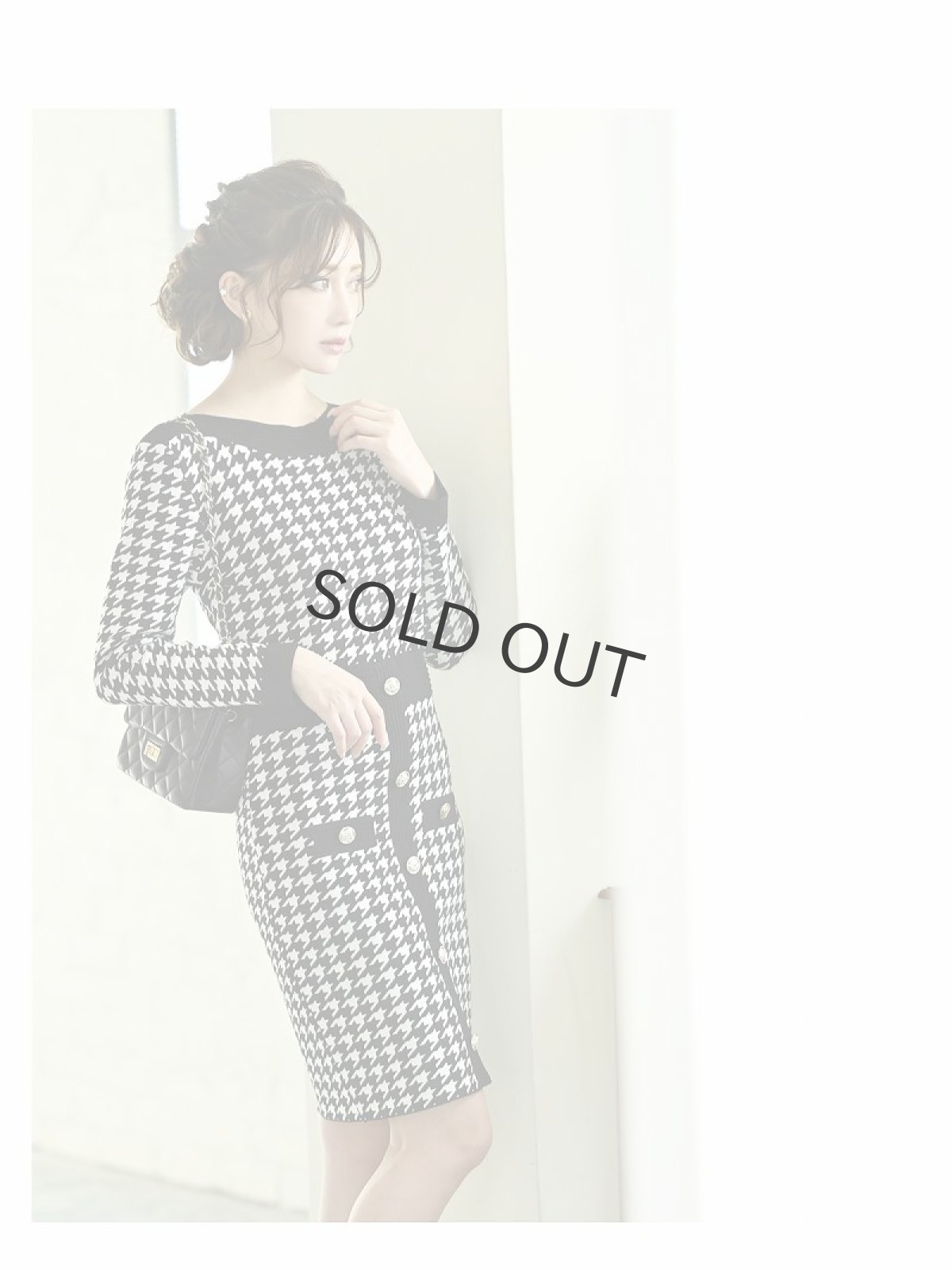 画像5: 千鳥柄 デコルテ 上品 キャバドレス 膝丈 Belsia(M)(ブラック) (5)