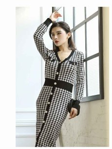 画像5: ワンピース キャバドレス 韓国風 千鳥柄 ロング お出かけ デート DaysPiece(M)(ブラック) (5)