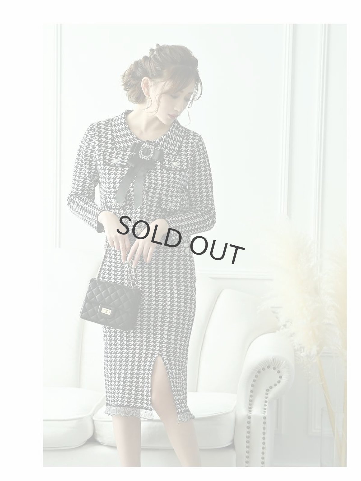 画像4: キャバスーツ 千鳥柄 ハイウエスト タイト ニット キャバママ Belsia(M)(ブラック) (4)