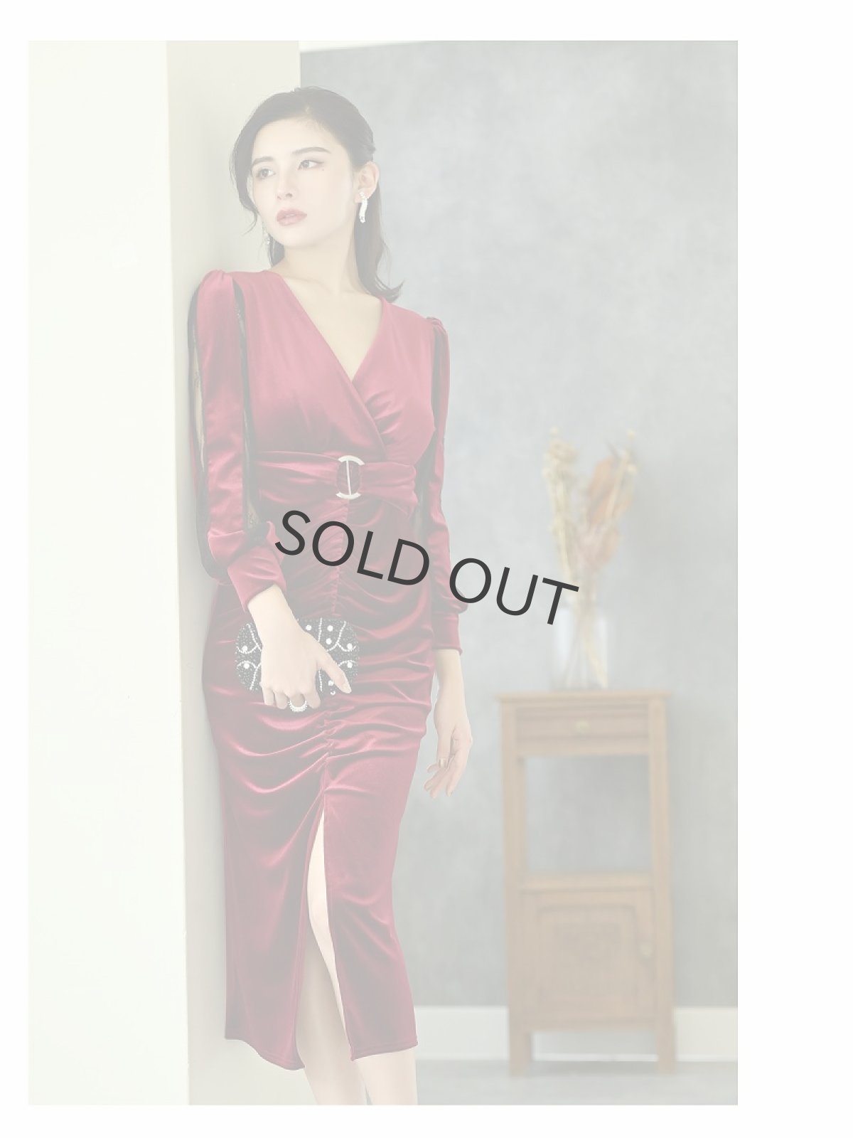 画像4: ベロア 袖付き 長袖 タイトドレス 膝下丈 DaysPiece(S/M/L)(ワイン/ブラック) (4)