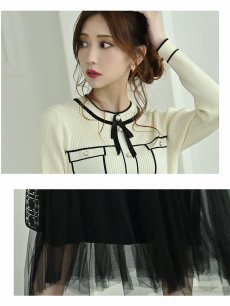 画像4: ドッキング風袖付きニット膝丈フォーマルキャバワンピース 加賀美早紀 着用 キャバドレス【Belsia/ベルシア】(M)(ブラック/ホワイト) (4)