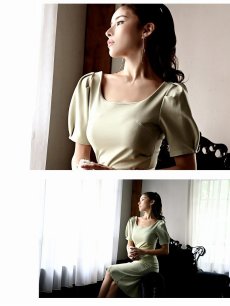 画像3: ワンピース キャバドレス 韓国 膝丈ワンピース キャバワンピ 袖付き パワーショルダー DaysPiece(S/M/L)(グリーン) (3)