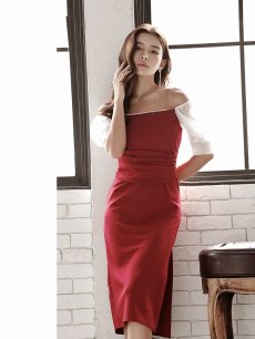 画像3: ワンピース キャバドレス オフショル 袖付き パーティードレス 韓国 膝丈 DaysPiece(S/M/L/XL(2L))(ブラック/レッド) (3)