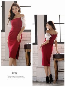画像5: ワンピース キャバドレス オフショル 袖付き パーティードレス 韓国 膝丈 DaysPiece(S/M/L/XL(2L))(ブラック/レッド) (5)