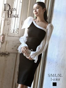 画像1: キャバドレス ミニ 韓国 オーガンジー 長袖 アシンメトリー フラワー DaysPiece(S/M/L/XL)(ブラック) (1)