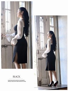 画像4: キャバドレス ミニ 韓国 オーガンジー 長袖 アシンメトリー フラワー DaysPiece(S/M/L/XL)(ブラック) (4)
