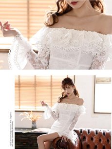 画像5: キャバドレス ミニ ワンカラー ベルスリーブ 長袖 総レース ギャザー Belsia(S/M/L)(ブラック/ホワイト) (5)