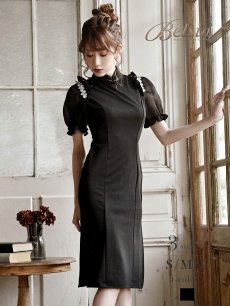 画像1: 半袖 ワンカラー ハイネック ミモレ丈 キャバ嬢 Belsia(S/M/L)(ブラック) (1)