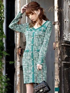 画像1: 韓国 ニットワンピ ひざ丈 緑 長袖 Belsia(M)(グリーン) (1)