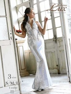 画像1: 光沢生地 ロング丈 パーティードレス キャバ嬢 ゴージャス Belsia.LUX(S/M/L)(シルバー) (1)