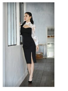 画像2: 韓国 ミモレ丈 長袖 オーガンジー ハイネック DaysPiece(S/M/L/XL)(ブラック/ワイン) (2)