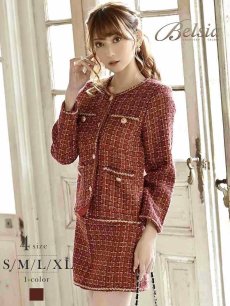 画像1: ワインレッド チェック キャバ嬢 ナイトスーツ ノーカラー Belsia(S/M/L/XL)(レッド) (1)
