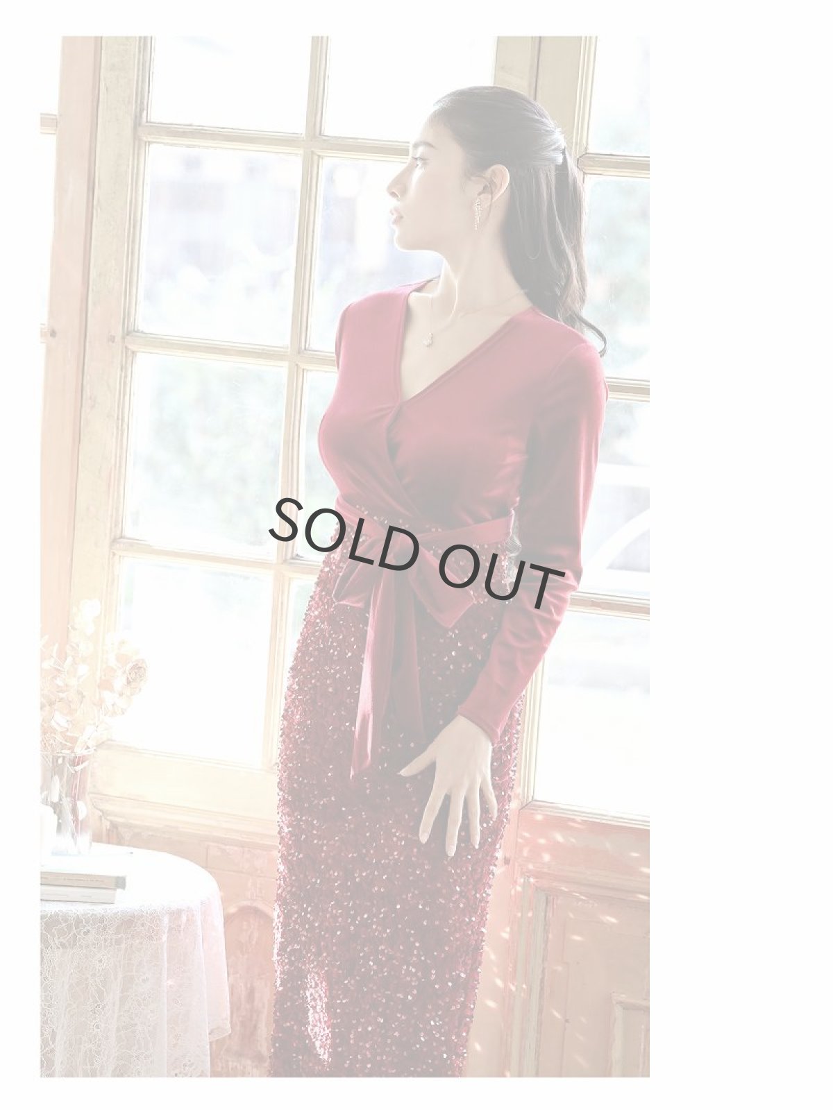 画像4: 韓国 ワインレッド ミモレ丈 ウエスト切り替え パーティードレス DaysPiece(S/M/L/XL)(ワイン) (4)