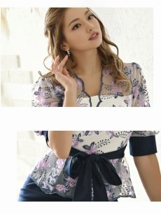 画像2: 袖付き 花柄 ペプラム 体型カバー ネイビー Belsia(S/M/L/XL)(グレー/ネイビー) (2)