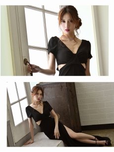 画像5: 黒 ウエストカット 袖付き 肌見せ Vネック Belsia(S/M)(ブラック) (5)