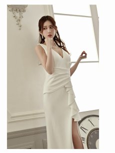 画像4: キャバドレス ロング 高級感 Vネック 美脚 体型カバー ストレッチ Belsia(S/M)(ブラック/ホワイト/ワイン) (4)