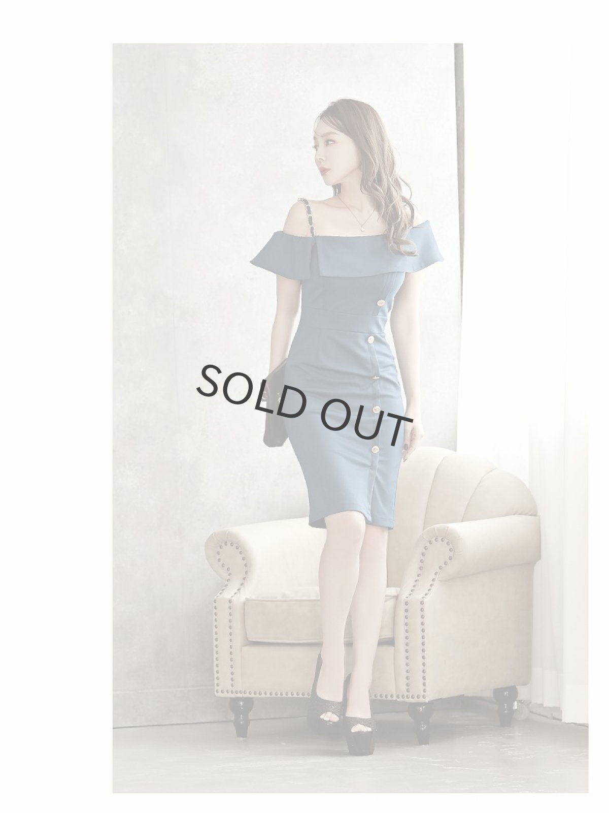 画像2: チェーン 膝丈 フリル オフショル 無地 Belsia(S/M/L)(ブルー/ピンク) (2)