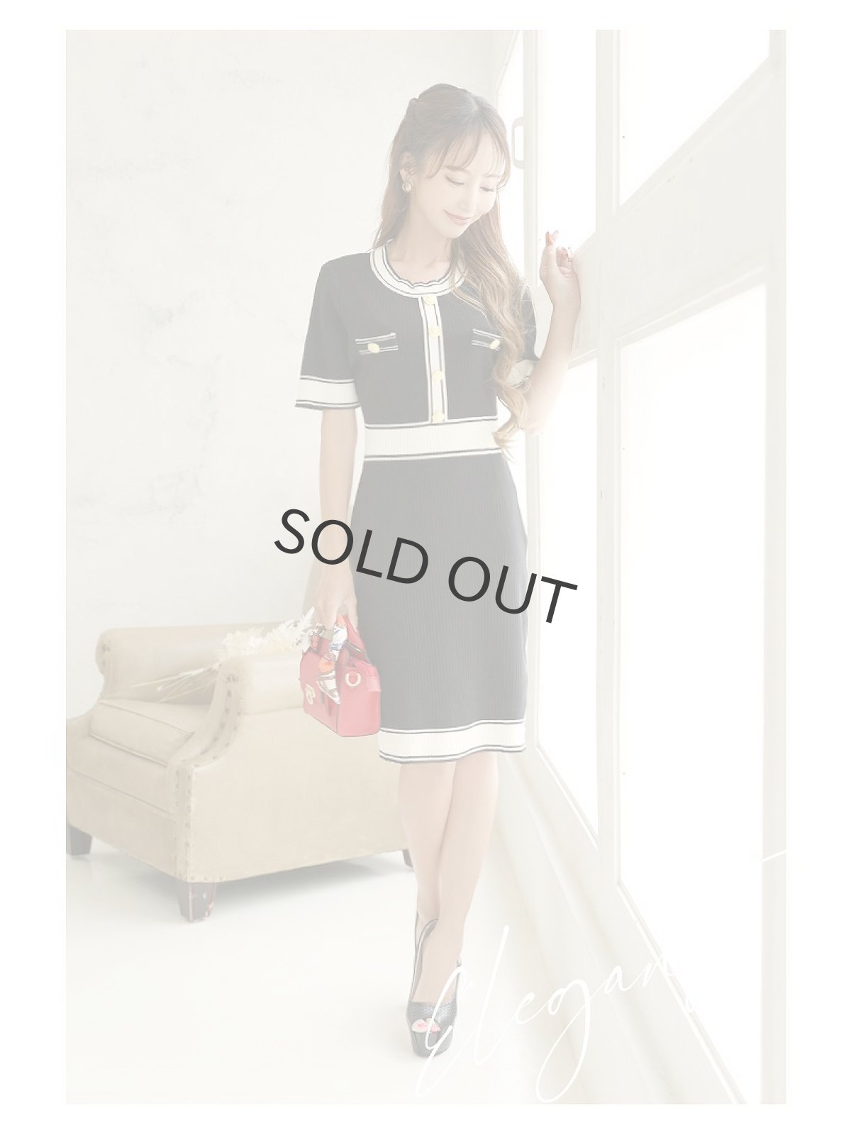 画像2: ワンピース キャバドレス ニット ウエスト細みえ ハイウエスト切り替え 足長効果 膝丈 Belsia(M)(ブラック) (2)