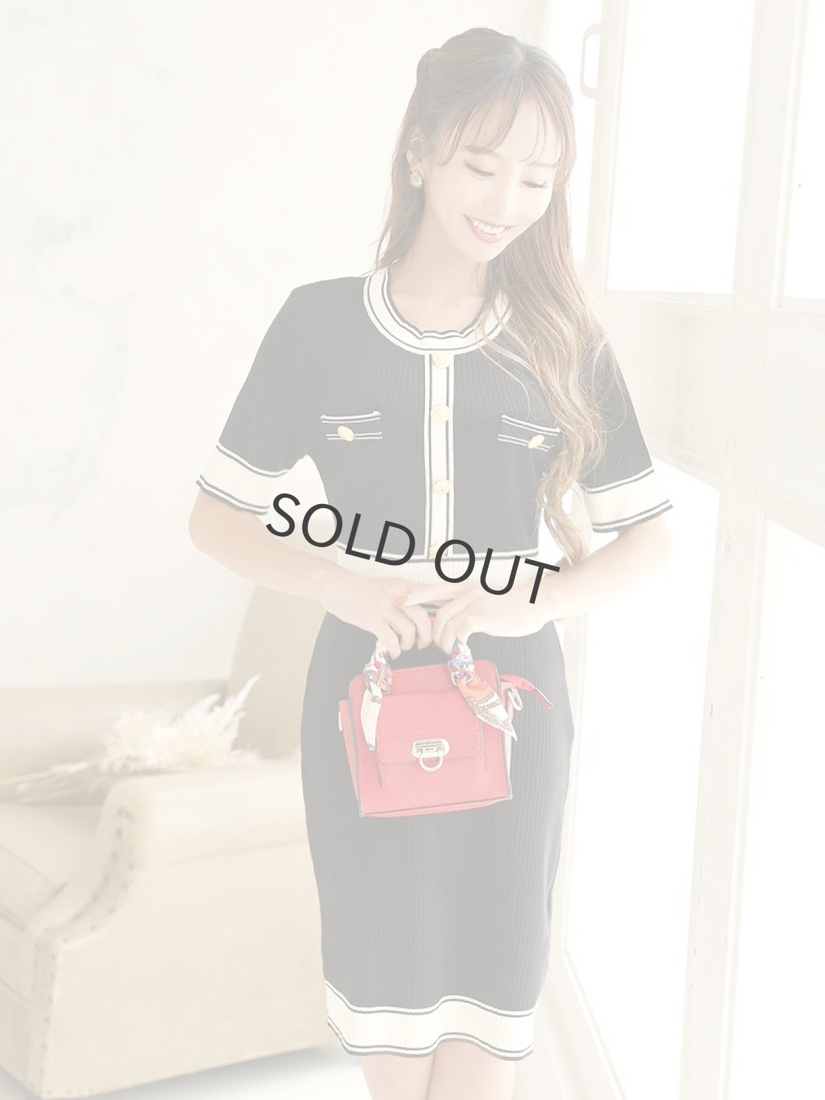 画像4: ワンピース キャバドレス ニット ウエスト細みえ ハイウエスト切り替え 足長効果 膝丈 Belsia(M)(ブラック) (4)