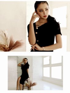 画像3: ※予約販売※ワンピース キャバドレス ニット ギャザー 膝下 ゴールドボタン 半袖 DaysPiece(M)(ブラック(5月中旬)) (3)